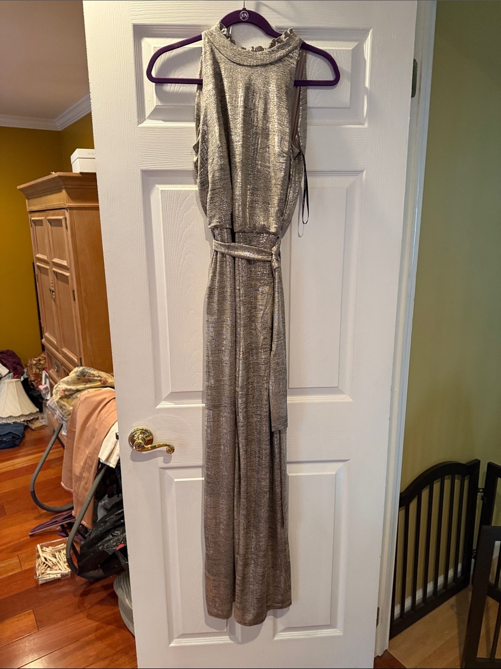 Vince Camuto Metallic Silver Sleeveless Belted Jumpsuit